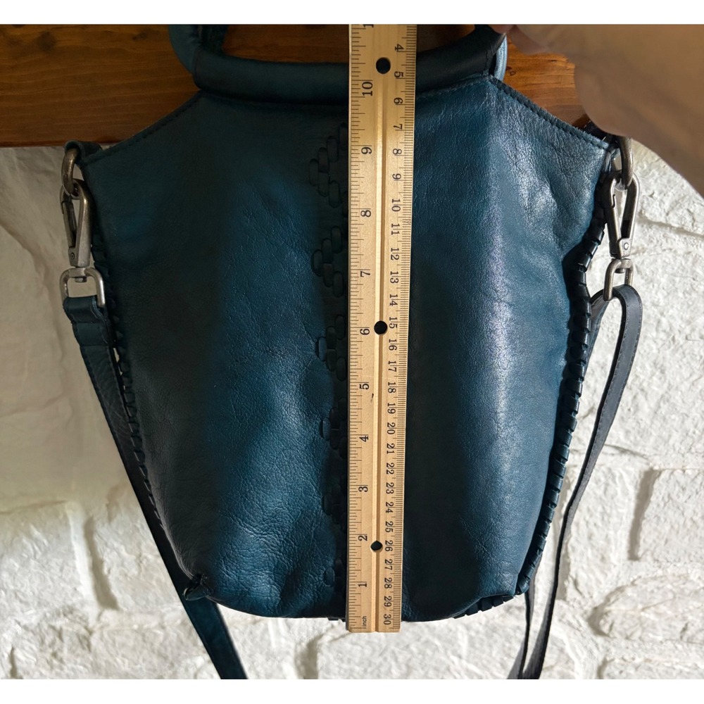 Vintage Latico Teal Leather Handbag Whipstitch Crossbody Tote Geometric Detail - Picture 11 of 17